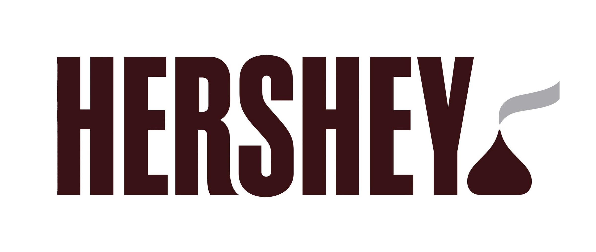 Hershey logo with brown block font and a Hershey kiss icon