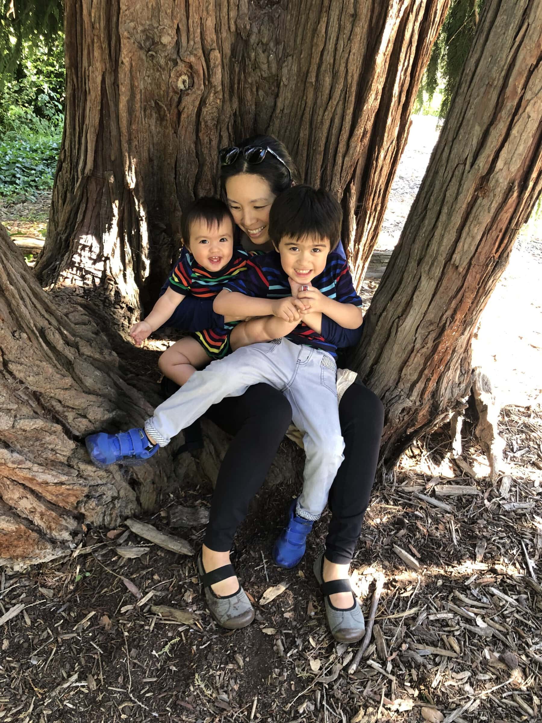 Selina Wang with her children (left to right) Linden, 1, and Tilden, 5, in Berkeley, California, USA.