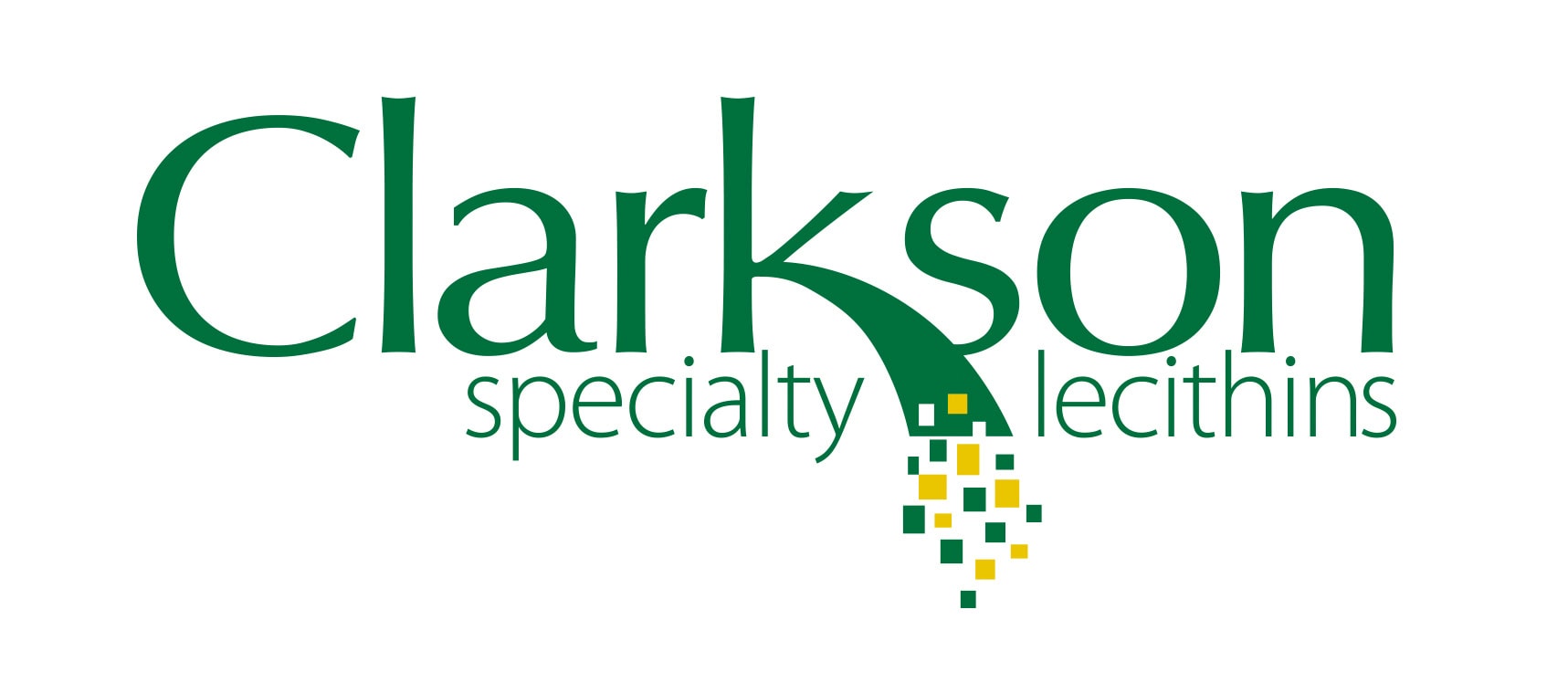 Clarkson Specialty Lecithins logo featuring the company name in green text with a stylized letter "K" forming a chute, from which small green and yellow squares pour downward, symbolizing lecithin granules or product output.