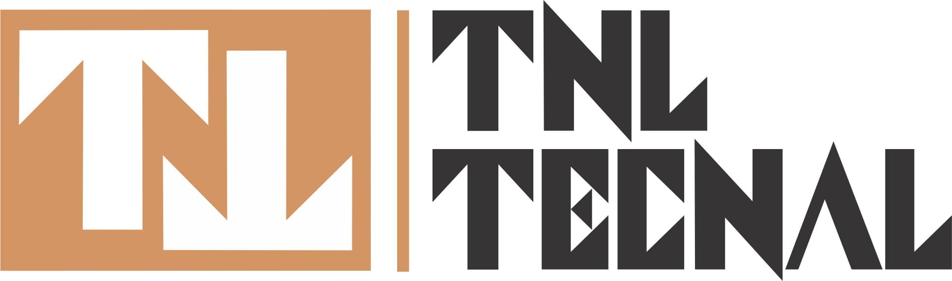 TNL Tecnal logo featuring a bold, geometric design with stylized block letters in black and a square emblem in copper tones, combining the letters "T" and "N" in an abstract, interlocking format.