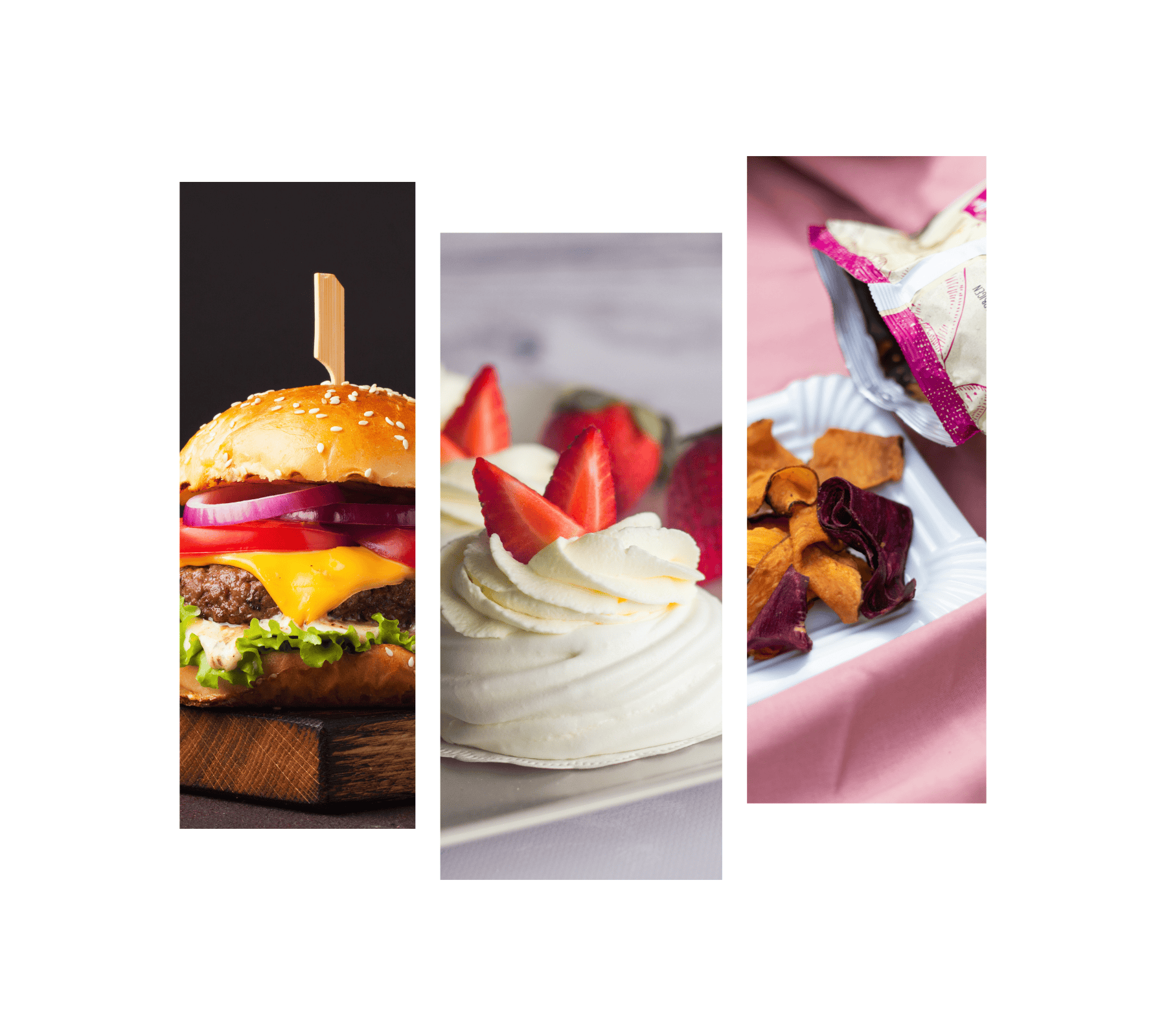 Close-up collage of a cheeseburger, strawberry dessert, and vegetable chips representing different food types affected by lipid oxidation.