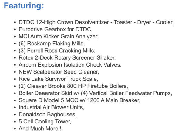 Bullet point list of featured items in a solvent plant auction