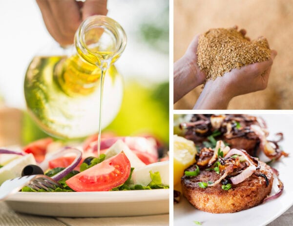 A collage of three images with the left image showing a hand drizzling oil out of a glass container onto salad; the upper right image shows two hands holding grain; and the bottom right image shows close up shot of crostini food. 