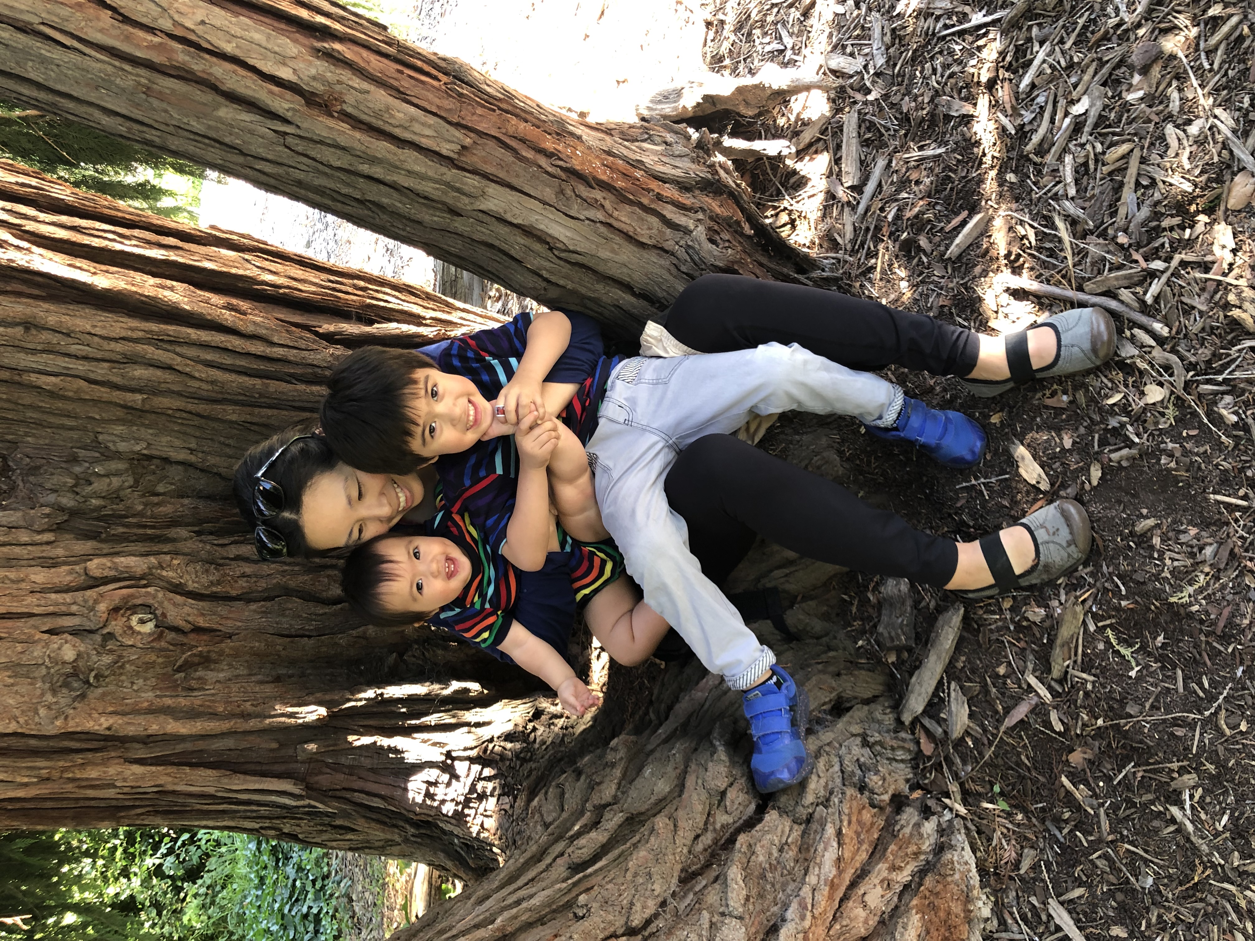 Selina Wang with her children (left to right) Linden, 1, and Tilden, 5, in Berkeley, California, USA.